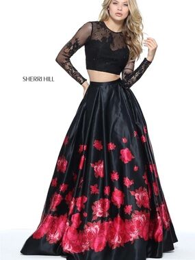 Sherri Hill Black Two-Piece Gown with Pink Floral Print